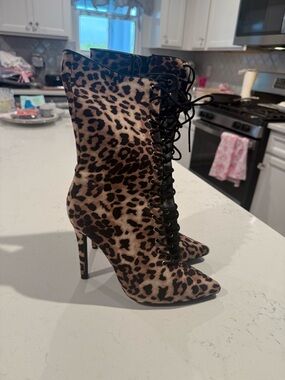 Liliana Leopard Print Lace-Up Stiletto Ankle Boots - Brown